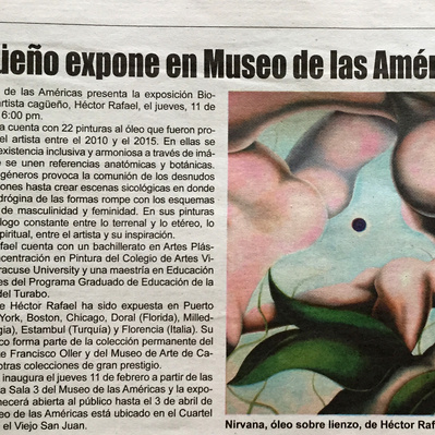 Press article about Hector Rafael's solo exhibition at Museo de las Americas.