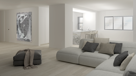 Modern, minimal design of the kitchen and living room in Manhattan, New York City. Open kitchen concept.