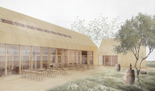 Rendering of the wine tasting pavilion​, view from the garden patio.