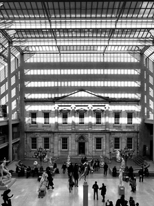 National Museum of History in Central Park. Interior of the building, main hall. Shadows on the elevation. Upper west side, New York City. B&w photography of architecture.