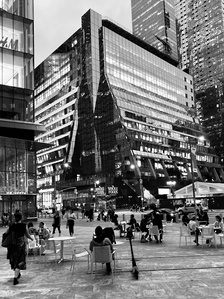 City lights. City square in front of the Whole Foods Market. Hudson Yards, New York City. B&w photography of architecture.