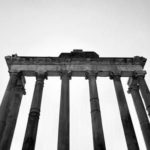 Colonnade at Forum Romanum, Rome, Italy. B&w photography.