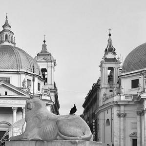 Piazza del Popolo, square in Rome, Italy. B&w photography.
