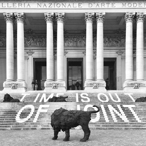 National Museum in Rome, Italy. Time is out of joint exhibition. La Galleria Nazionale d'Arte Moderna, front staircase. B&w photography.