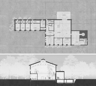 Plan and section of the Briggs manufacturing plant showing functional interior devisions.