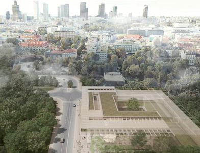 Bird eye view showing context of the building, in the background skyline of Warsaw