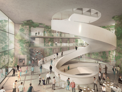 Rendering of the interior spiral staircase - main gathering hall of the university building.