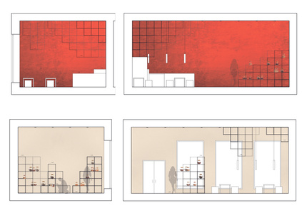 Interior elevations of Japanese Tea House - relation between wooden cubic structure, colors and furniture.