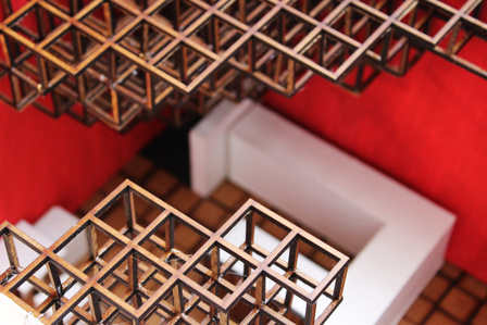 Interior of the Japanese Tea House - top view, showing cubic construction for tea display.