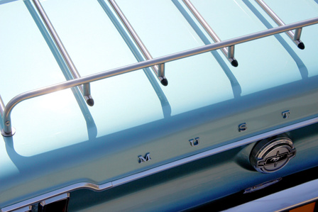 Mustang car show.Turquoise Mustang. Back hood detail.