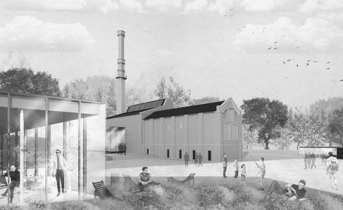 Rendering of the Briggs manufacturing plant with new transparent addition to the building and glass pavilion.
