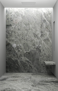 Bathroom open shower, gray quartzite back wall and floor, floating shower bench, cove light.
