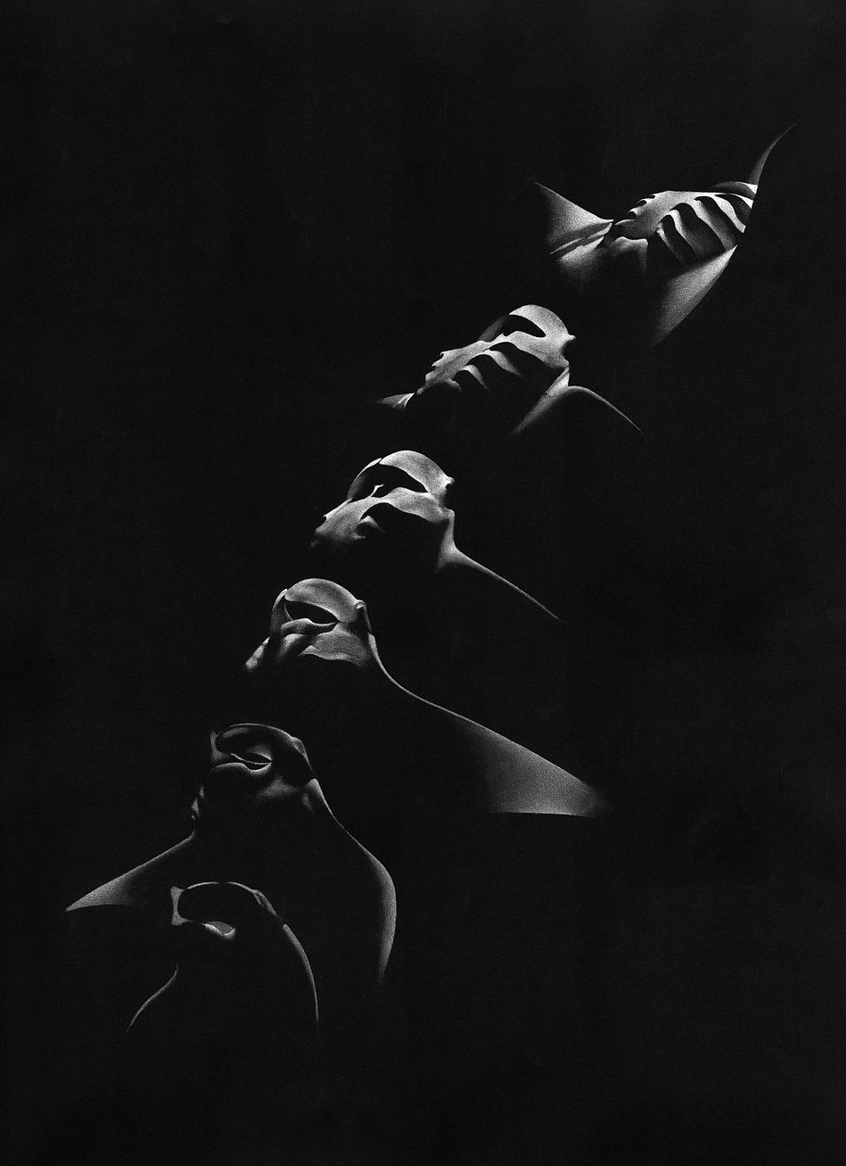 Marine life drawing of Manta rays feeding at night
