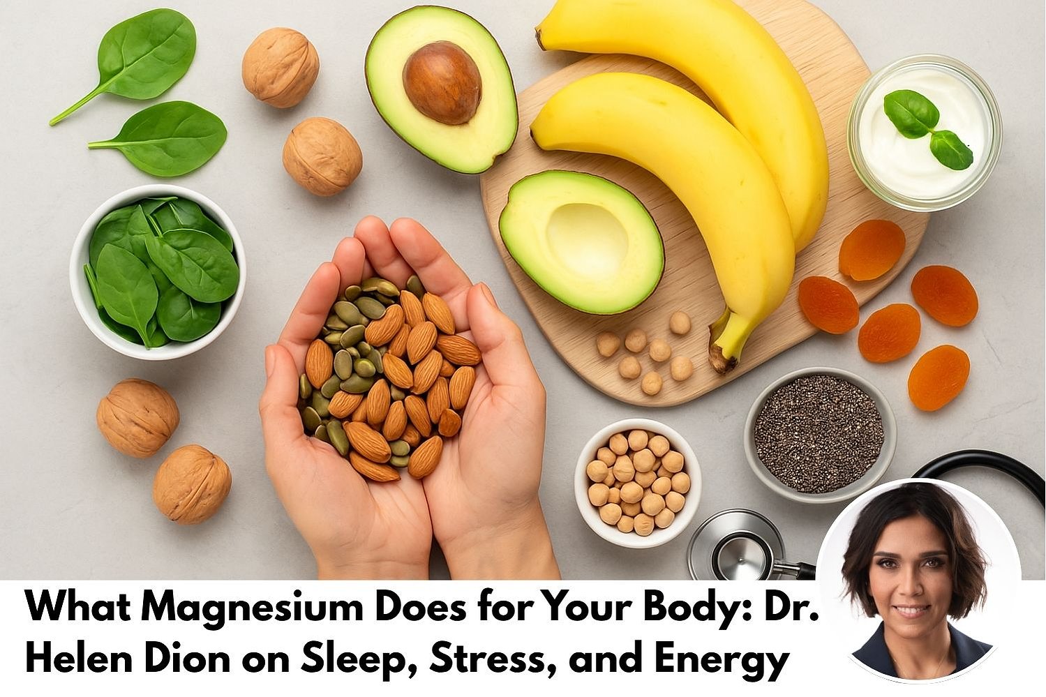 A photo showcasing a selection of magnesium-rich foods. Dr. Helen Dion’s wellness content at Country Hills Medicentres and Mount Royal Medicentres in Calgary, promoting holistic care and nutrition guidance from a trusted family doctor.