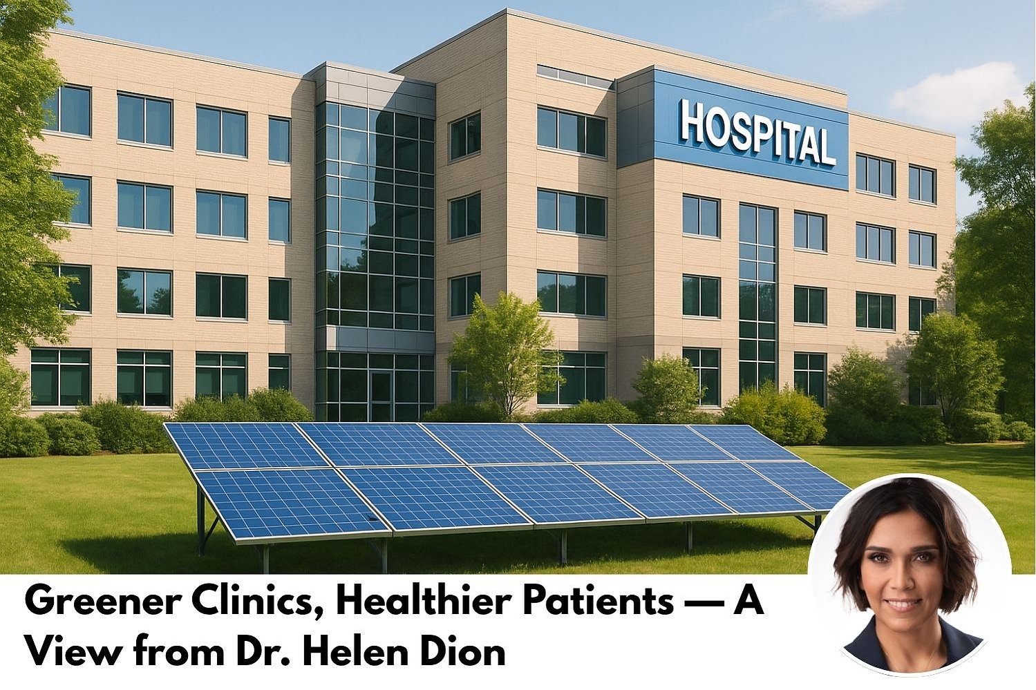 A modern eco-conscious hospital with solar panels and greenery, reflecting Dr. Helen Dion’s commitment to sustainable care at Country Hills Medicentres and Mount Royal Medicentres in Northwest Calgary. Now accepting new patients.
