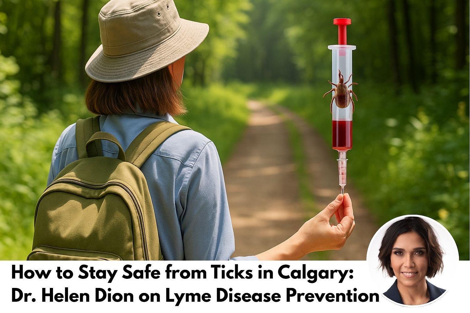 A middle-aged woman hiking in a wooded area near Calgary, wearing protective outdoor clothing to prevent tick bites. This image supports a blog by Dr. Helen Dion, a Calgary family doctor practicing at Country Hills Medicentres and Mount Royal Medicentres,