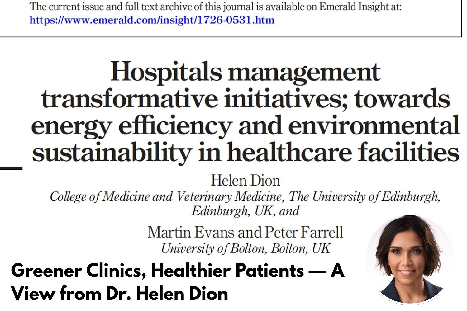 Visual reference to Dr. Helen Dion’s peer-reviewed study on hospital sustainability, published in a top-tier journal. Based on care values practiced at Country Hills and Mount Royal Medicentres in Northwest Calgary. Accepting new patients.