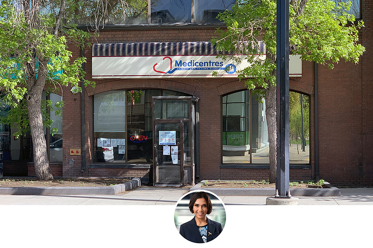 Dr. Helen Dion outside Mount Royal Medicentres in Calgary, offering trusted family medical care with a focus on accessibility, continuity, and women’s health.