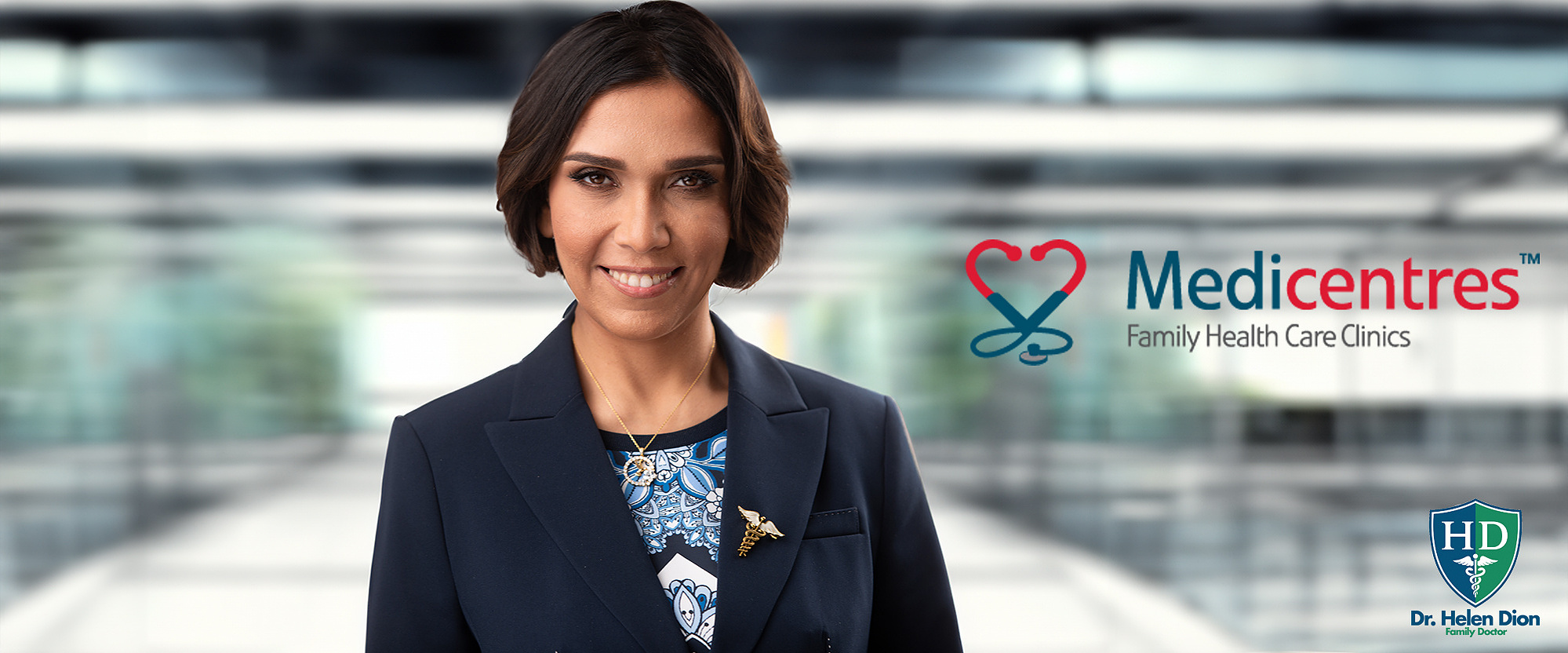 Dr. Helen Dion, Calgary family doctor, featured alongside her professional logo and the Medicentres Canada logo, representing her trusted care at Country Hills Medicentres and Mount Royal clinic locations.