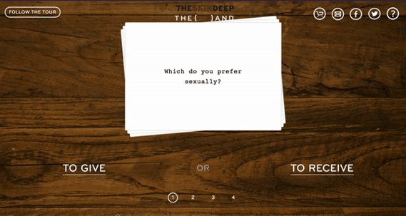 GIF shows interactive website where user can answer a handful of questions shown against a wooden table to generate a personalized video.