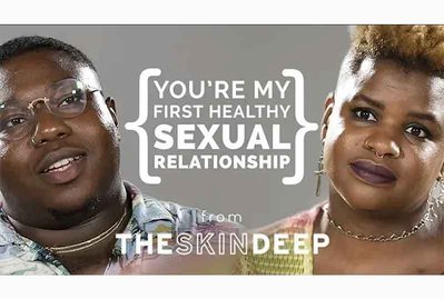two people look intently at each other with the text "You're my first healthy sexual relationship" between them. 