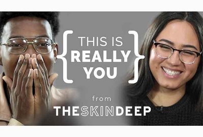 Man and woman look surprised at each other, man is covering his mouth in excitement with the text 'This is really you" between them. 