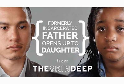 Father and daughter look sadly at each other, crying,  with the text 'Formerly incarcerated father opens up to daughter" between them. 