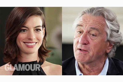 Two screens show Anne Hathaway and Robert DeNiro looking at each other jokingly. 