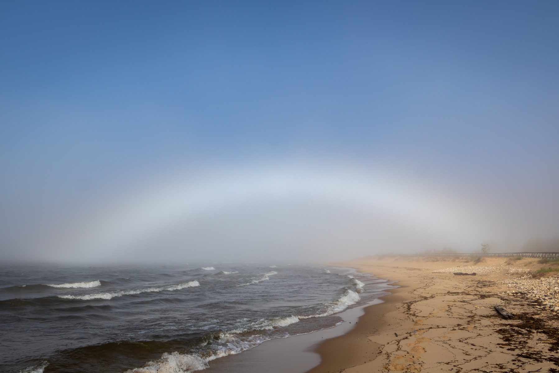 A pale white fogbow arcs over the shoreline of Lake Superior, where gentle waves meet a quiet, sandy beach under a soft morning sky.