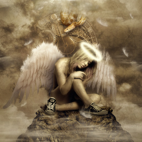 A creative composite photo featuring a fallen angel with a halo deep in contemplation with a snake looking in from overhead.  All on a digitally created background.