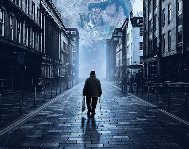 In tones of blue, a composite image showing the silhouette of a man with a cane walking down a cobblestone street between buildings as he heads off into the distance toward a large moon on the horizon