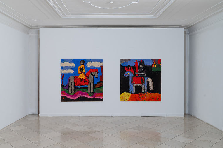 Exhibition view of the show 'Wool Paintings', at kunsthaus muerz, 2023-2024, featuring two wool-based artworks on a white wall by Sebastian Supanz