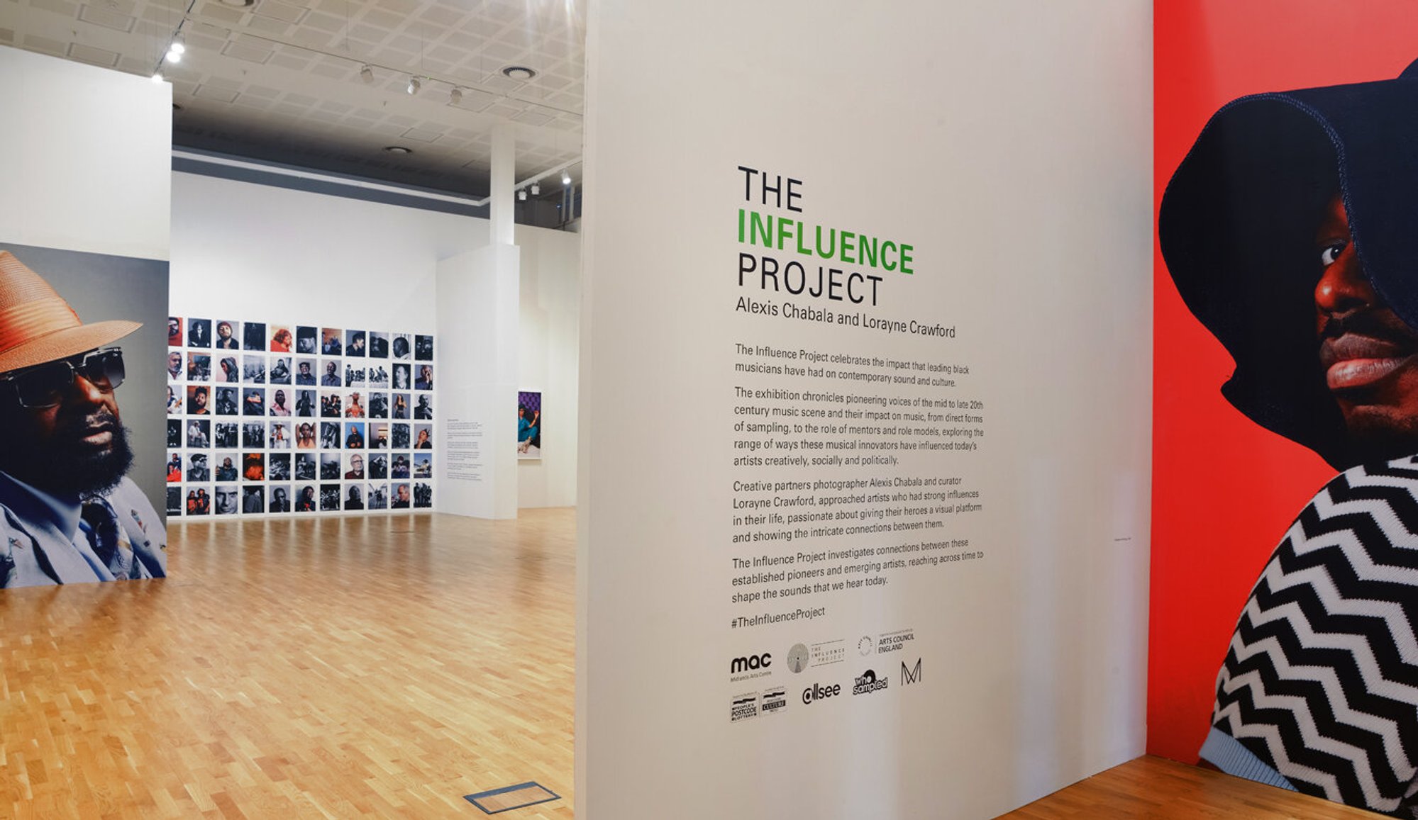 The Influence Project exhibition at Midlands Arts Centre (MAC) Birmingham 2020. Photographs of musicians George Clinton and Shabaka Hutchings.