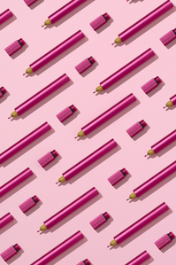Toms Studio X Scott Uzoho -- product still-life photography of pink aluminium japanese tip pens in a pattern formation 