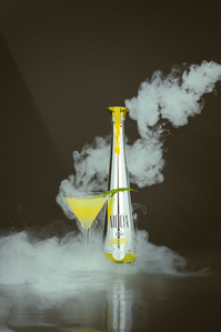 Moda X Scott Uzoho -- product still-life photography of pineapple tequila 100&amp;amp;amp;amp;amp;amp;amp;amp;amp;amp; agave with cocktail on a reflective floor and smokey atmosphere 