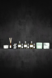 Project Coax X Scott Uzoho -- product still-life photography of perfume aftershave candles and incense diffuser on concrete skims set 