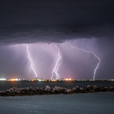 Large lightning strikes at Woodman Point in Western Australia.