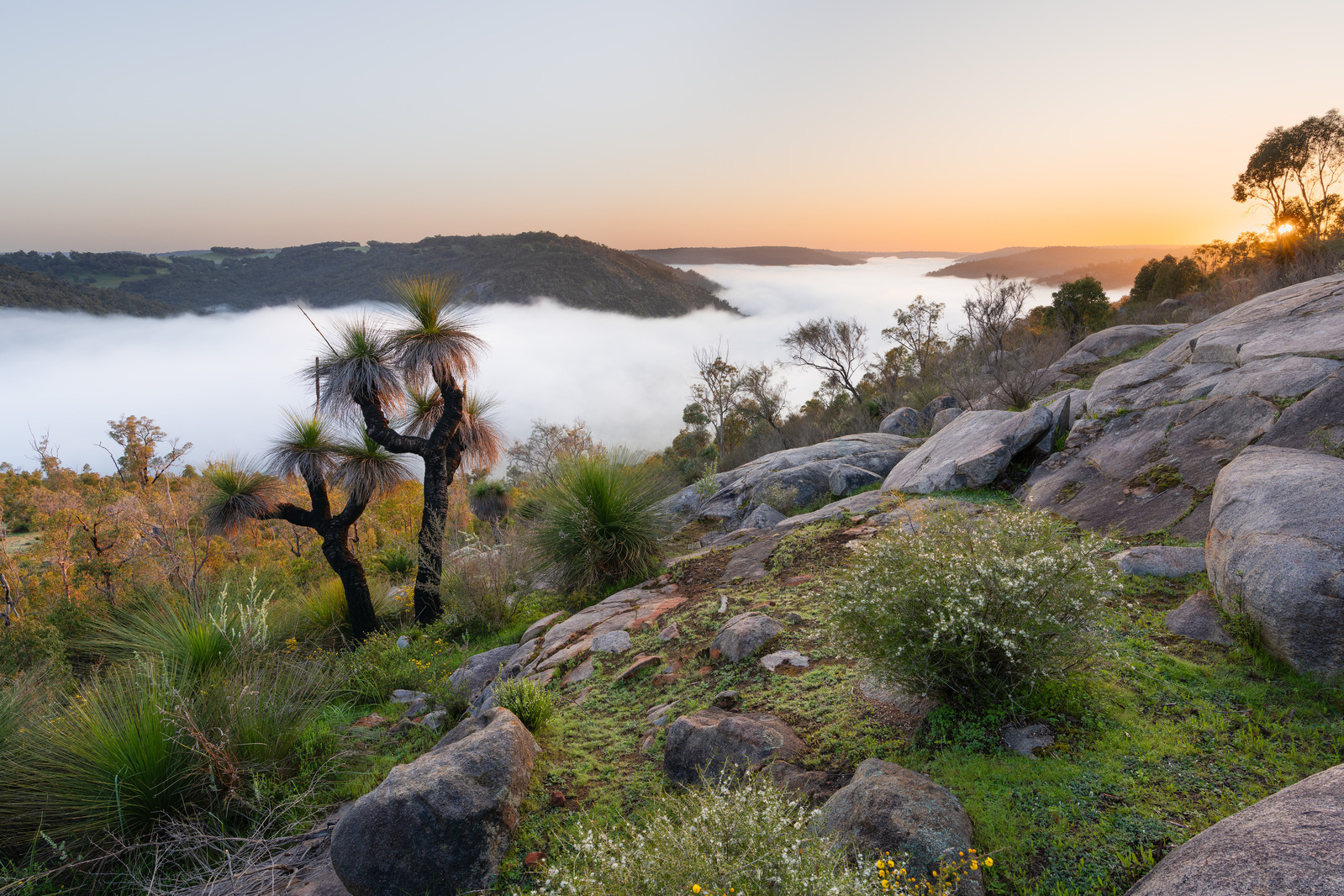 A valley filled with fog in the Perth Hills.