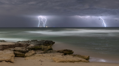 Lightning strikes at Trigg Beach in Perth, Western Australia