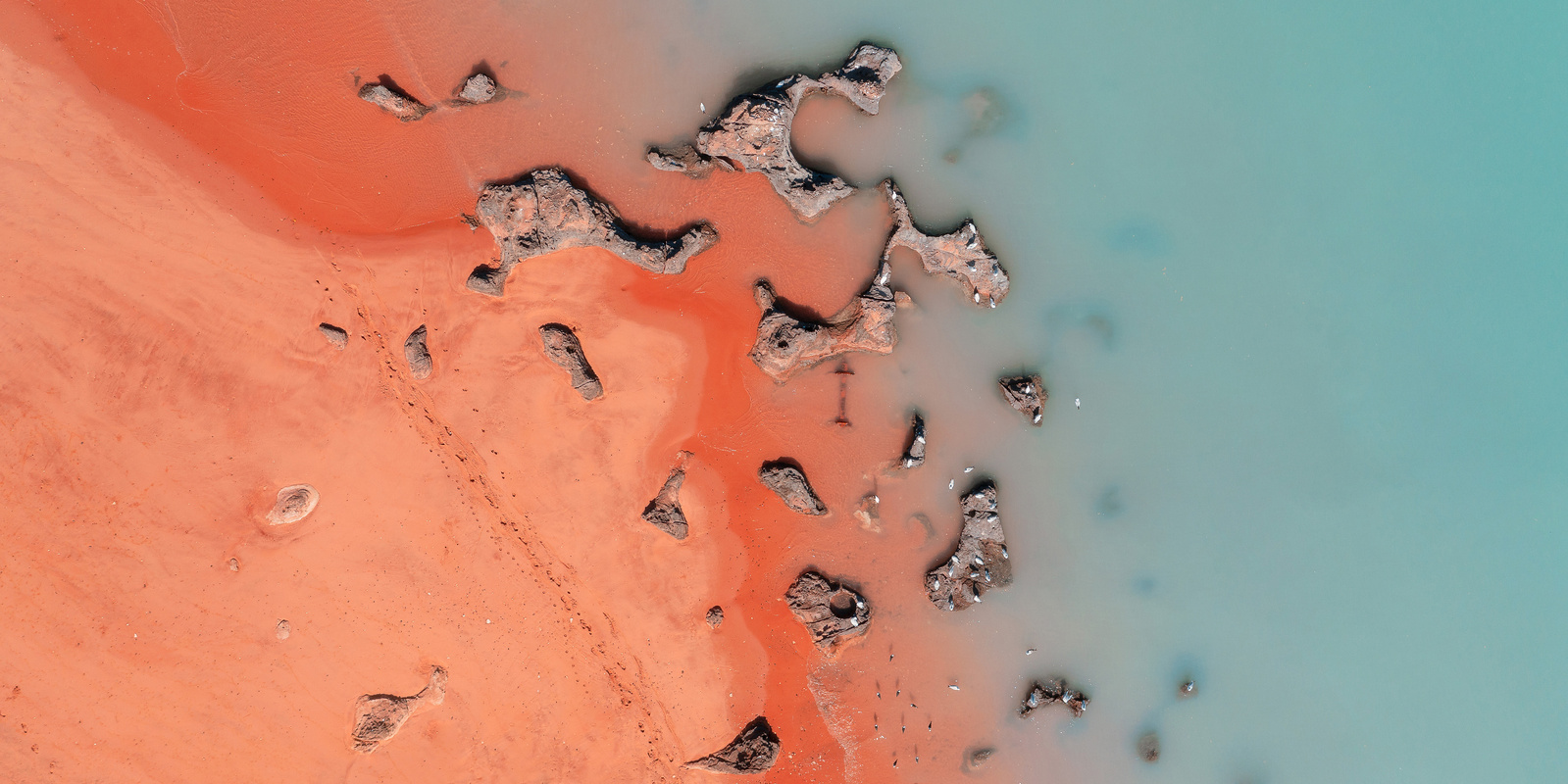 A stark contrast of colours is visible at Broome's red sand beach.