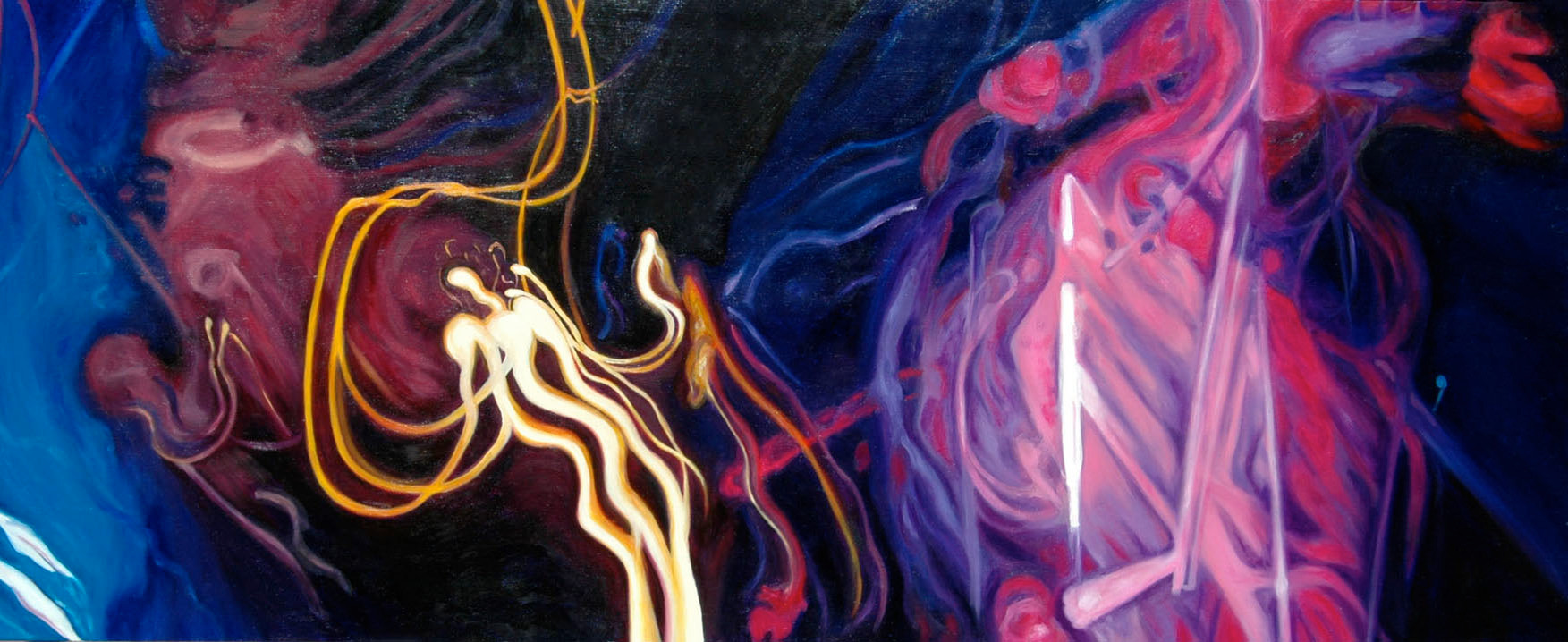 A 32” x 80” oil on wood panel titled Mars Volta Vibrations, created by Leigh Ann Williams - Hickey in 2009.