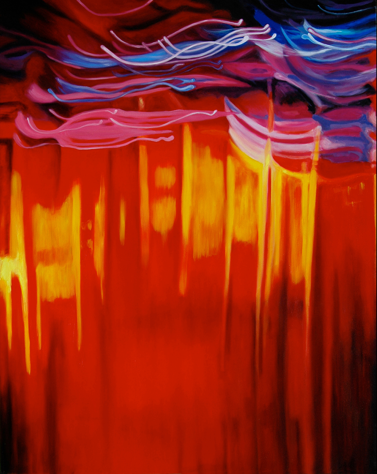 A 60” x 48” oil on canvas titled Stuck in the Middle of a Burning Hotel, created by Leigh Ann Williams - Hickey in 2010.