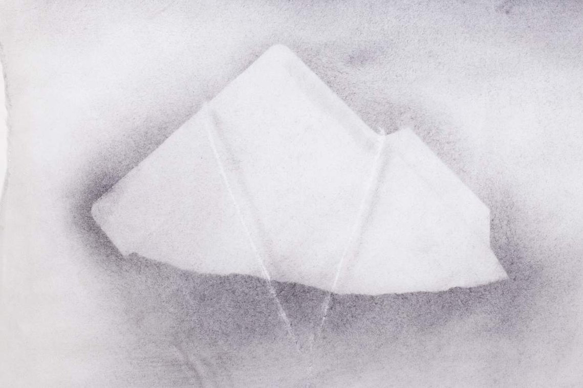 detail of a drawing from the exhibition dead letter. depicted is a white, torn envelope and treat around it in a 