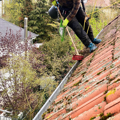 Arbeiter reinigt Dachrinne mit Besen und ist über Seile gesichert. Die Dachrinne wird von Laub befreit.