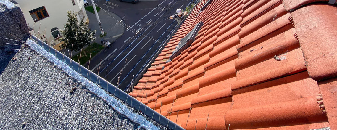 Ein rotes Ziegeldach mit Taubenabwehr. Silberne Spikes schützen das Dach. Die Sonne scheint.