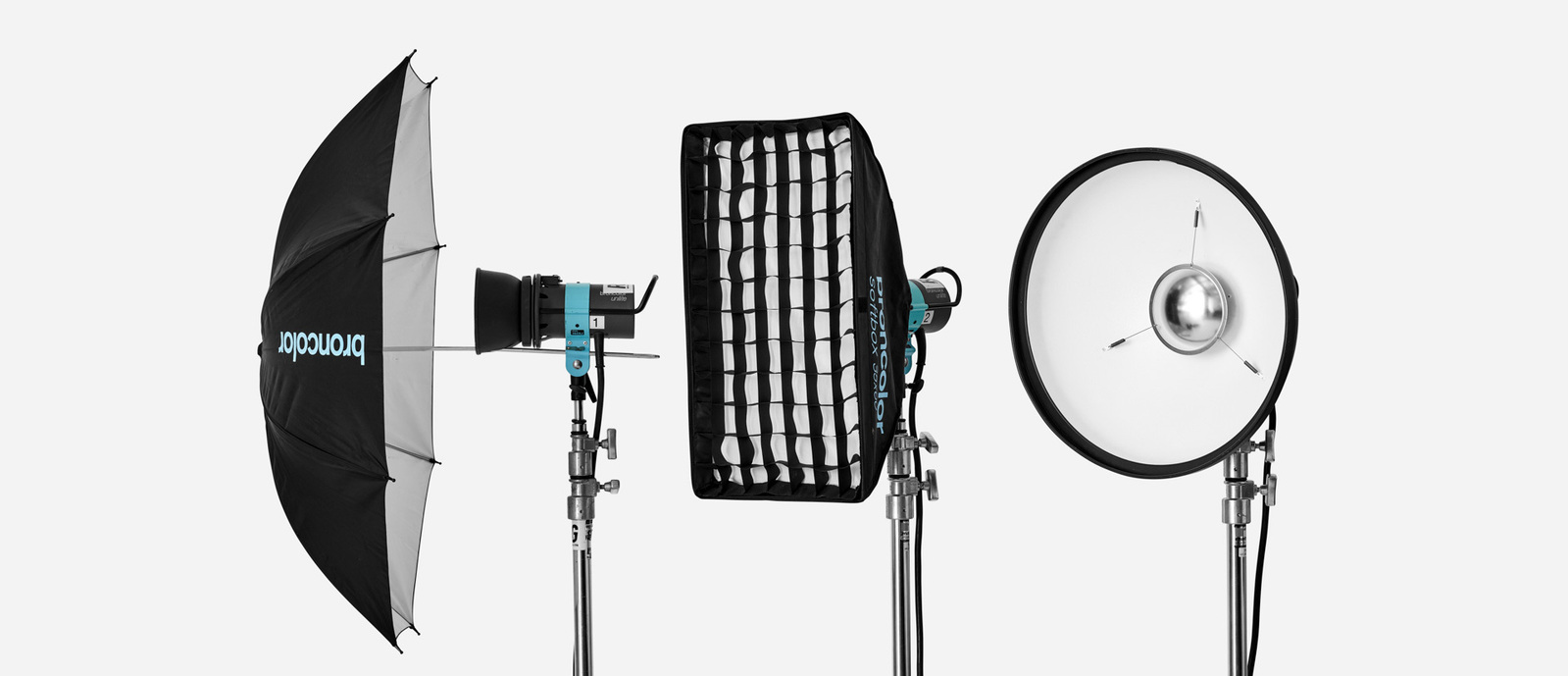 Los Angeles professional and affordable photo studio for photography and video production. Broncolor Strobe Lighting Equipment for Rental on white background. Broncolor Unilight, Broncolor Softbox, Broncolor white beauty dish