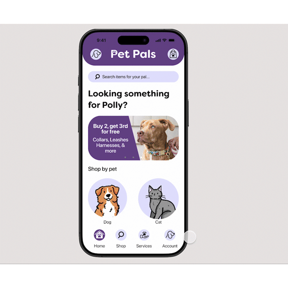 A GIF showing the PetPals app's seamless shopping experience, featuring a clean design with a white background, purple elements, and friendly icons that guide users through a smooth checkout process, ensuring satisfaction before finalizing their purchase