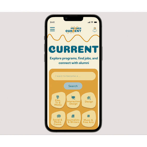 A GIF showcasing the Humber current website redesign on a mobile interface, featuring an organized space to effortlessly connect with alumni, with clean visuals, soft blue and yellow tones, and easy-to-read text