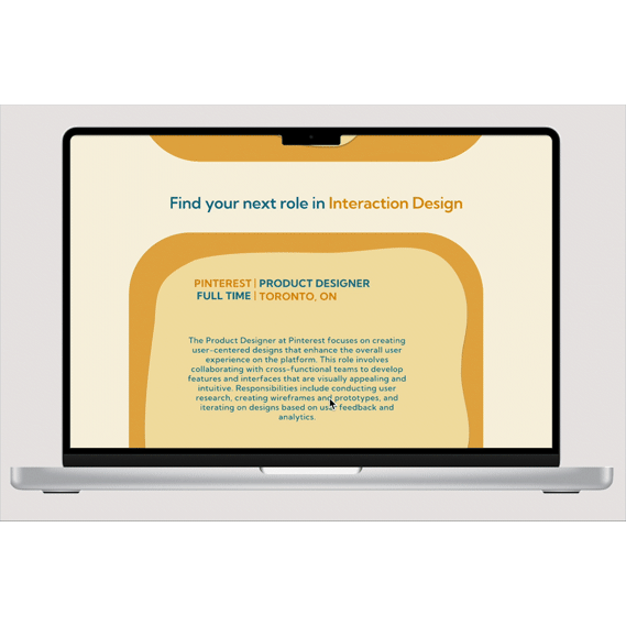 A GIF showcasing the new Humber current website redesign, featuring different shades of blue and yellow to create a cohesive and calm design. It demonstrates the seamless job application process on a clean web screen with plenty of white space and visual 