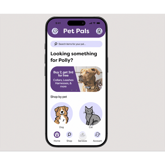 A GIF showcasing the PetPals app’s grooming services booking process, starting with a white background and purple elements, transitioning to screens with a simple design featuring friendly icons and illustrations. 